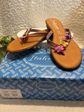 Italina Floral Leather Thong Sandals - Brown with Multicolor Flowers